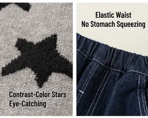 Detail van grijs gebreide stof met zwarte fluwelen sterren en elastische denim taille
