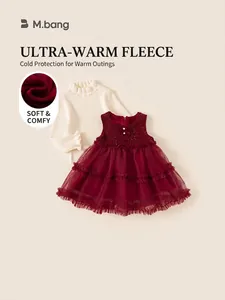 Winter girls' wine red sequin mesh dress set with thick fleece lining and white knit sweater