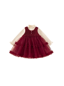 Winter girls burgundy tulle dress set with creamy white ribbed knit sweater and pearl bows