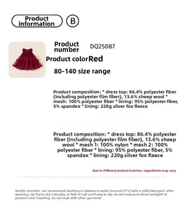Size chart and fabric details of red winter tutu dress for girls with silver fox velvet lining