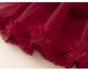 Detailed macro view of layered wine red tulle ruffles on girl's princess tutu dress
