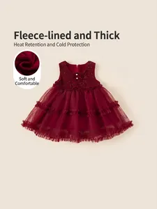 Baby Girls Winter Red Princess Dress Mesh Tutu Tweed Bowknot Faux Artificial Pearl Sleeveless Fleece Lined Christmas Party Gown