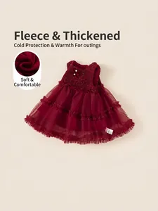 Winter wine red sleeveless sequin princess dress with thick warm lining for baby girls