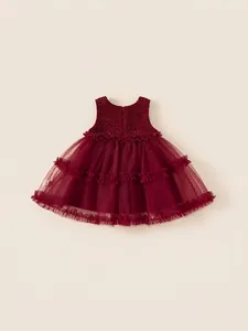 Sleeveless red tulle princess dress for girls with sequined bodice and tiered skirt layer