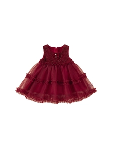 Sparkling burgundy sleeveless baby girl tulle princess dress with bow and pearls