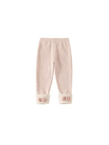 Roze gebreide legging voor peuters met witte sherpa-boorden en strikdetails