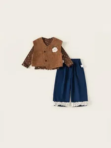 Ensemble de Vêtements Style Vintage Mori pour Filles 3 Pièces Chemise Florale à Manches Longues Gilet en Tricot et Pantalon Large Bleu Marine