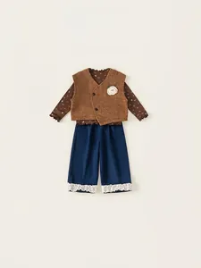 Ensemble 3 pièces fille avec chemise florale, gilet marron et pantalon bleu à dentelle