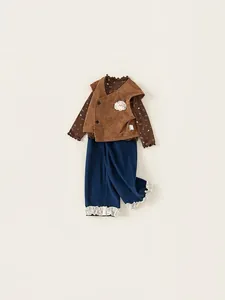 Ensemble 3 pièces vintage pour fille avec gilet en tricot, chemise à fleurs et pantalon large