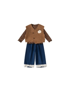 Ensemble d'automne trois pièces pour fille avec gilet mouton et chemise fleurie
