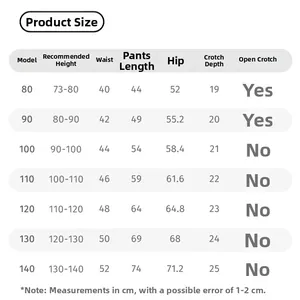 Tableau des tailles détaillé pour jeans évasés fille avec mesures de 80cm à 140cm de hauteur