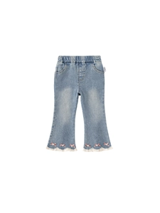 Jean évasé bleu clair pour filles avec broderies fleurs et nœuds roses mignons