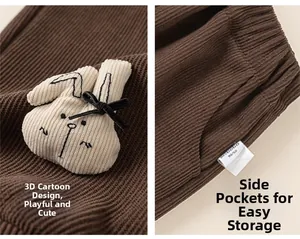 Détails du pantalon en velours côtelé marron avec écusson lapin et taille élastiquée