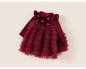 Détail du corsage en velours rouge avec nœud doré et tulle multicouche sur robe fille