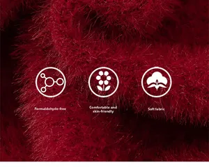 Detail of red plush faux fur fabric showing thick warm texture for girls' winter sweater