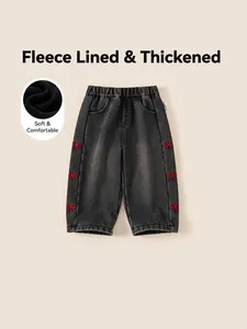 Girls Fleece Lined Denim Pants Winter Warm Bow Embroidered Straight Jeans Toddler Kids Elastic Waist Trousers