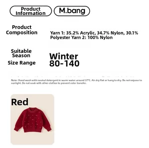 Detail showing red knitted sweater material composition and size 80-140 chart