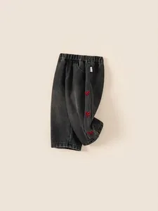 Girls' winter straight jeans in dark grey with red bow embroidery and warm fleece lining