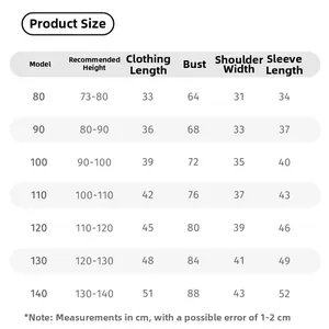 Detailed size chart for girls red winter sweater showing measurements for heights 80cm to 140cm