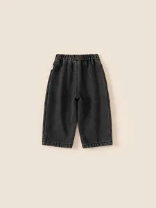 Girls dark grey denim straight leg jeans with bow embroidery and elastic waist