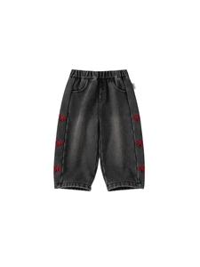Girls dark grey washed denim straight pants with red embroidered bows and elastic waist