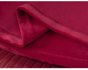 Détail du corsage en velours rouge et des couches de tulle plissé de la robe de princesse