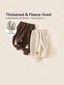 Pantalon en Velours Côtelé d'Hiver pour Filles Doublé de Polaire Chaud Épaissi Avec Écusson Lapin Taille Élastique