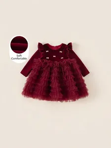 Robe de Princesse en Velours et Maille pour Filles Hiver Bordeaux Rembourré Manches Longues Nœud Robe de Fête Noël
