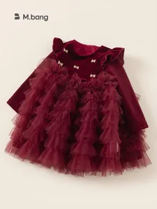 Robe princesse en velours rouge vin pour fille avec jupe en tulle et nœuds dorés