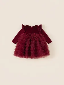 Robe de princesse élégante pour filles en velours bordeaux et tulle à volants doux