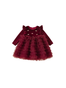 Robe élégante en velours bordeaux et tulle pour filles avec manches volantées et nœuds dorés