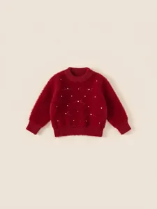 Girls Red Knit Sweater Faux Mink Fur Bow Artificial Pearl Beaded Pullover Winter Casual Toddler Kids Long Sleeve Top