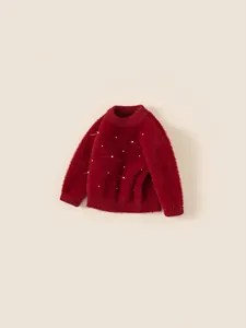 Red long sleeve sweater for girls with pearl embellishments and 3D bow details