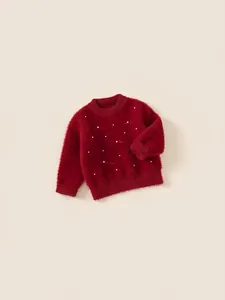 Girls dark red plush knit sweater with pearl accents and cute bows for winter warmth