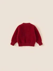 Girls warm red long sleeve knit sweater with soft texture and ribbed cuffs for winter