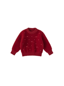 Kids warm red long sleeve sweater with silk bows and white bead decorations