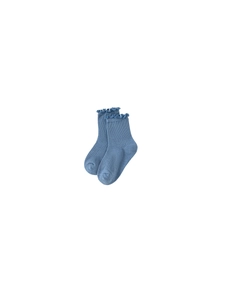 Blue knit cotton baby socks with frilled edges and vertical ribbed texture for children
