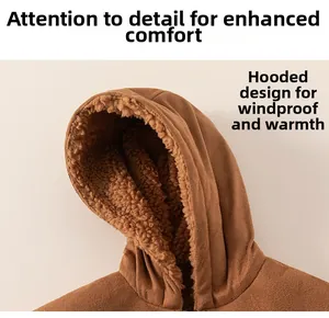 Detailed close-up of brown suede hoodie with warm faux lamb wool lining for boys