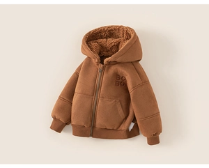 Detailed macro shot of warm caramel kids hooded jacket with thick faux shearling lining