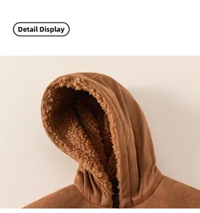 Detail view of winter brown hooded jacket featuring thick warm faux fur lining