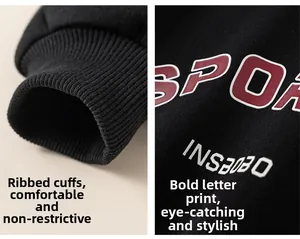 Detail of black hoodie featuring ribbed cuffs and white SPORT letter printing