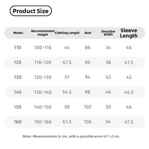 Detailed size chart for children's striped hoodie showing measurements in centimeters