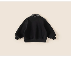 Detail view of the ribbed striped collar and back of the kids black thermal sweatshirt