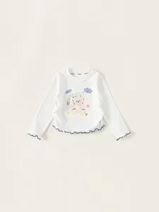Sweet Girls Cotton Blend Long Sleeve T-Shirt Bear Printed Ruffle Trim White Base Layer Round Neck Kids Top Clothing
