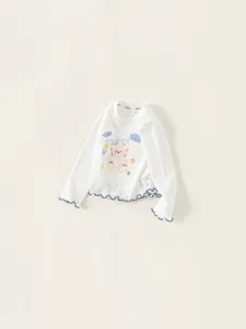 Girls' white long sleeve T-shirt with sweet bear print and elegant lettuce trim