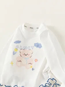 White long sleeve cotton toddler girl t-shirt with cute pink bear and ruffle hem design