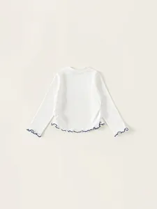 White long sleeve cotton t-shirt for girls with blue ruffled edges and round neck