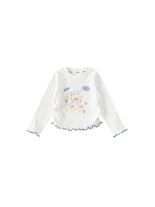 Girls long sleeve white cotton T-shirt with pink bear print and navy lettuce edge trim