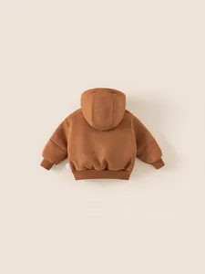Winter fleece hooded jacket for boys in dark brown featuring soft sherpa-like texture