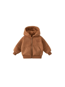 Winter caramel brown hooded jacket for boys with warm shearling lining and embroidery
